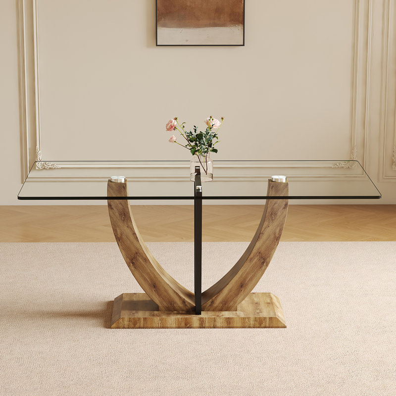 71'' Glass Dining Table,With U-Shaped Wood Base & Metal Frame,Seats 6-8 Comfortably, Brown