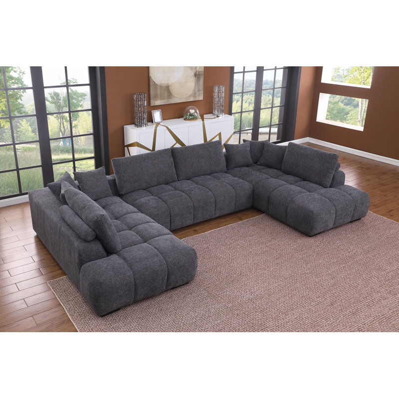Kreindy 143" Wide 4 Piece Upholstered Chenille U-Sectional Double Chaise , Fluffy Deep Tufted Cushion, Movable Large Ottoman