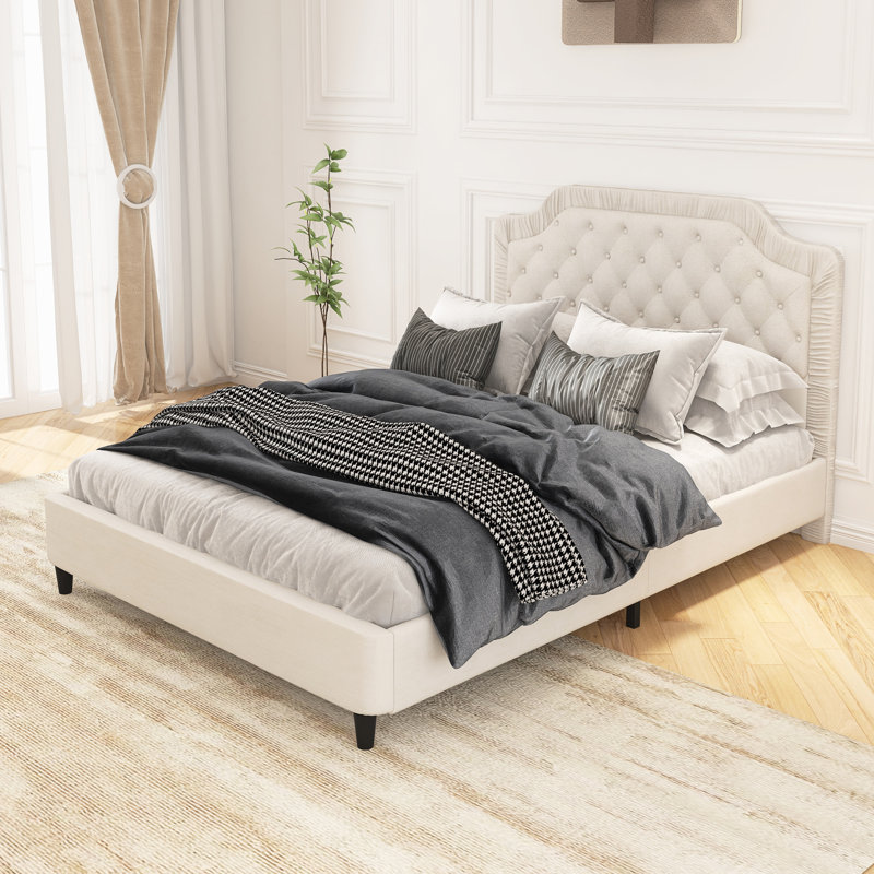 Queen Size Upholstered Bed With Ruched And Button Tufted Headboard, White