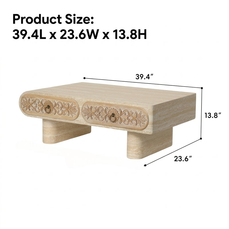 Table basse à bord arrondi avec tiroir en bois massif à motif floral
