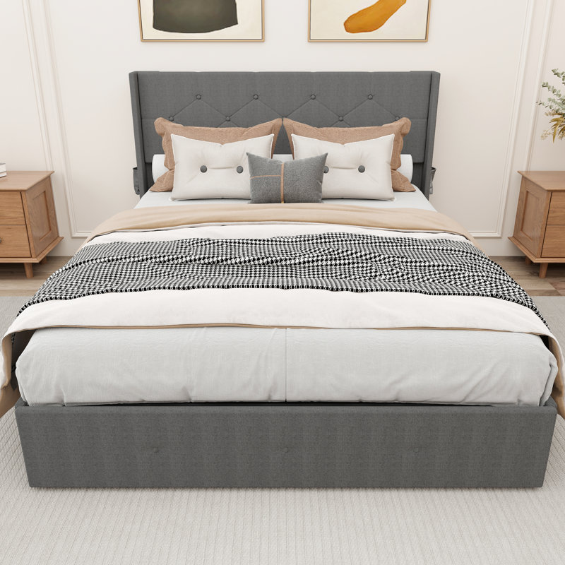 Grand lit avec rangement fonctionnel - Design élégant, compartiment de revêtement gris foncé, design, Grand lit, Gris foncé