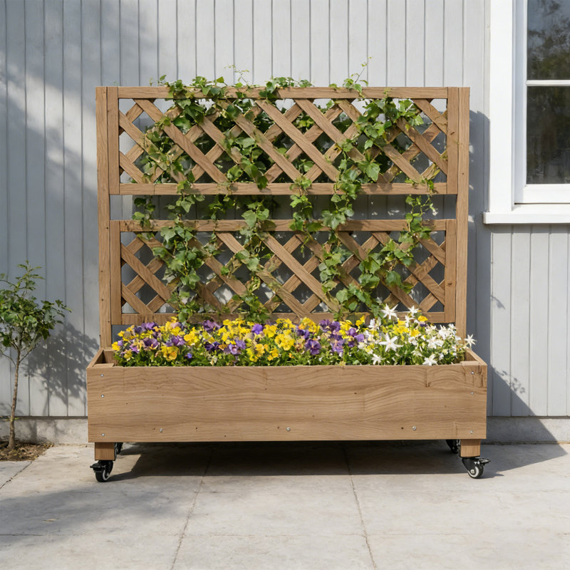 Raised Garden Bed With Trellis, Wheels & Drainage - Planter Box & Privacy Screen