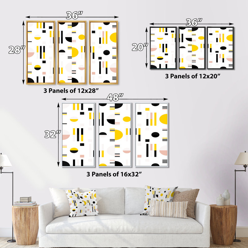 «Retro Geometric Design X», reproduction de cadre photo sur toile 3 pièces, H 32 po x l 48 po x P 1 po, Cadre doré