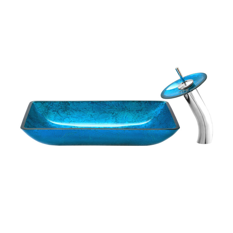 Cascade Rectangular Glass Vessel Sink with Faucet, Ocean Blue, Ocean Blue