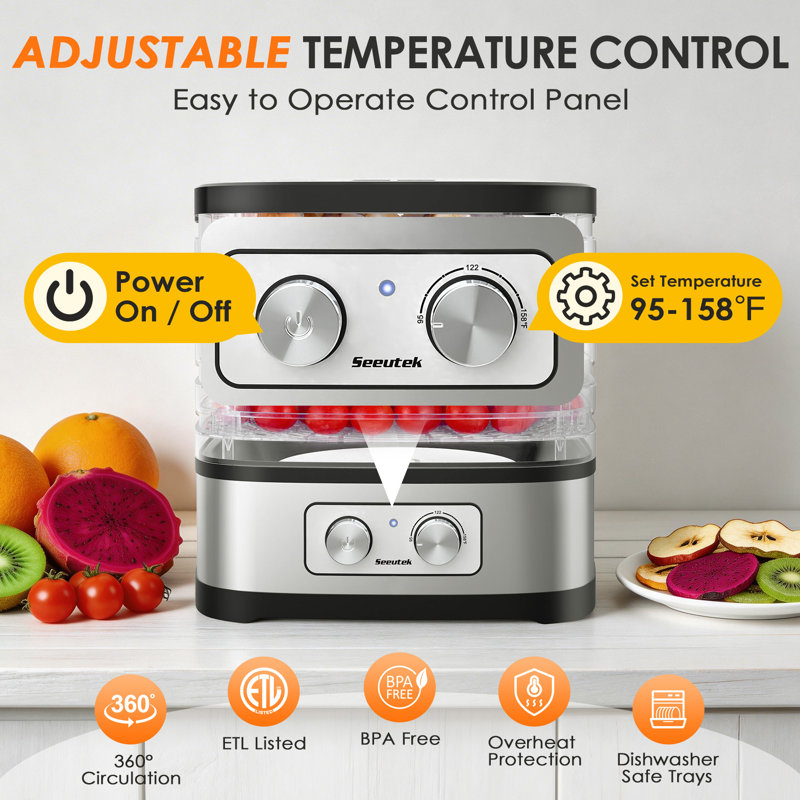 5-Tray Food Dehydrator, Adjustable Temperature 95–165°F, Bpa-Free Stackable Trays, Compact Fruit & Jerky Dehydrator With Transparent Design For Home Use