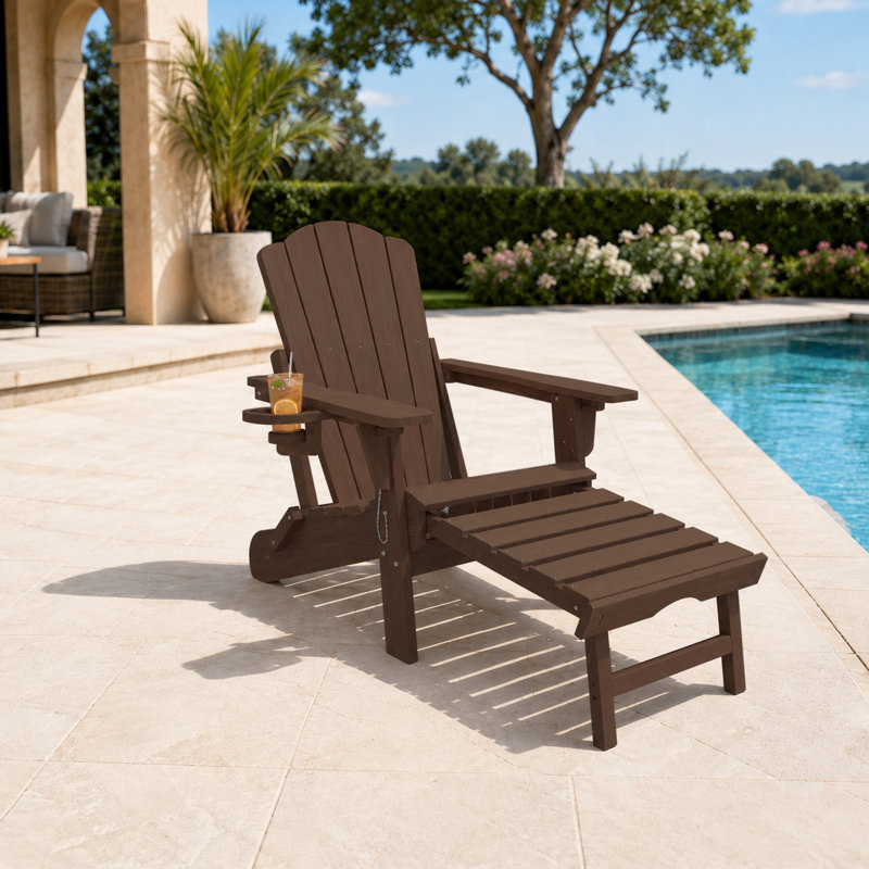 Dareona Pakkdiarie Folding Adirondack Chair with Retractable Ottoman, Outdoor HDPE Reclining Adirondack Chair with Cup Holder for Patios,Lawn,Backyard