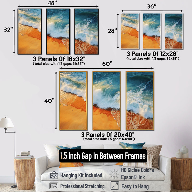 Bleu et orange, vue aérienne rétro de plage II - art mural plage, Cadre flottant doré, H 28 po x l 36 po x P 1 po