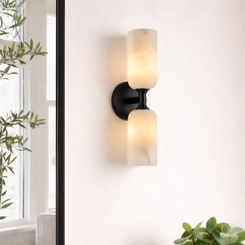 Appliques murales modernes à 2 lumières à intensité variable avec abat-jour en faux albâtre, Noir mat