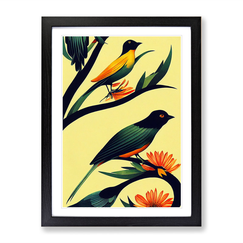 Birds On The Branch - Wall Art, Black Framed, 36cm H x 27cm W x 2cm D, White