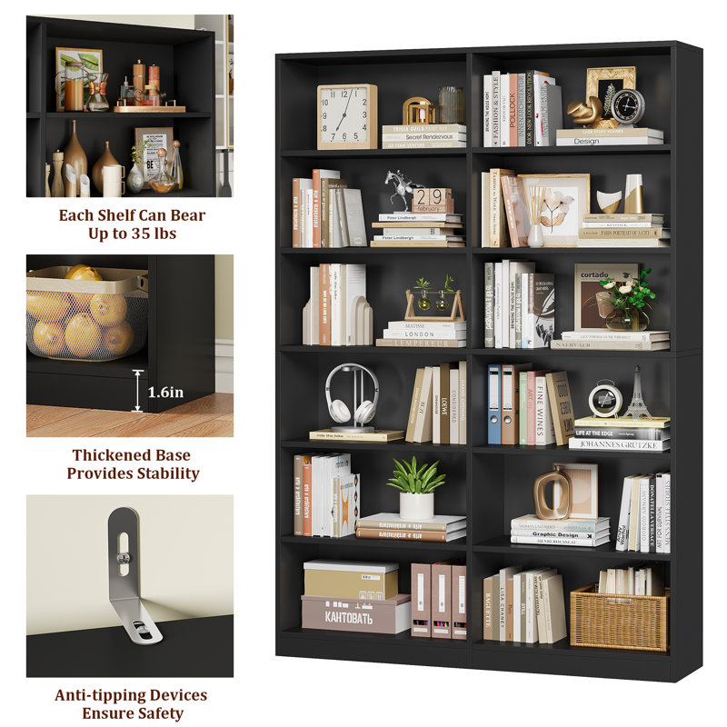 74.3"H X 47.2"W Wood Double 6-Tier Standard Bookcase