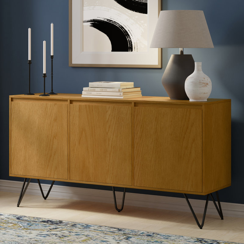 Hunter 60"W Solid Wood Industrial Contemporary 3-Door Sideboard Buffet with Adjustable Shelves, Oak Veneer