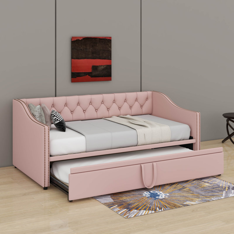 Twin Size Upholstered Daybed With Pop Up Trundle, Pink
