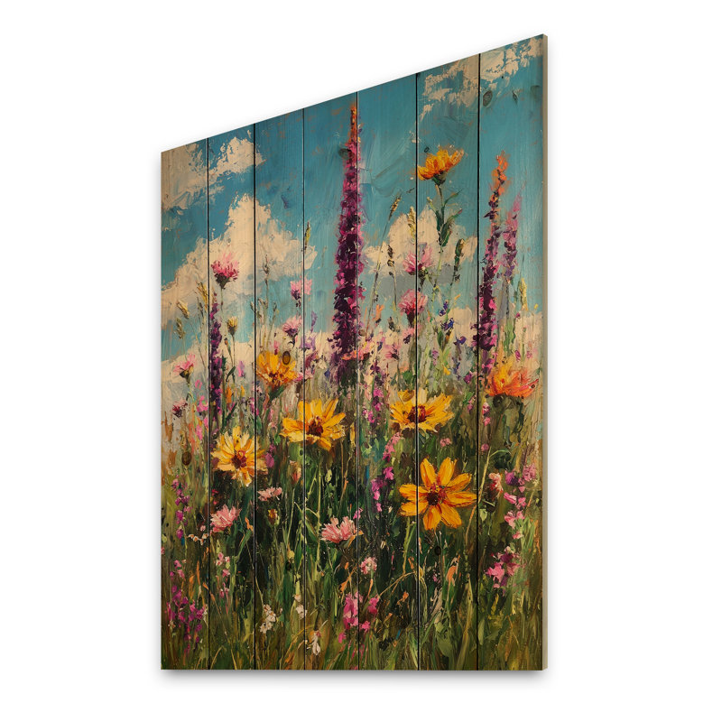 Fleurs sauvages dans des tons pastels impressionnistes I - décoration murale en bois de fleurs sauvages - sur bois de pin naturel