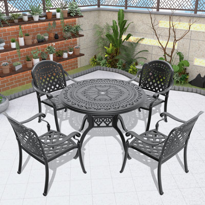 Black 5-Piece Cast Aluminum Outdoor Dining Set, Patio Furniture With 39.37 In. Round Table And Random Color Cushions -  Canora Grey, 6C0D1247B7684D1A92E39CE3FF28DD76