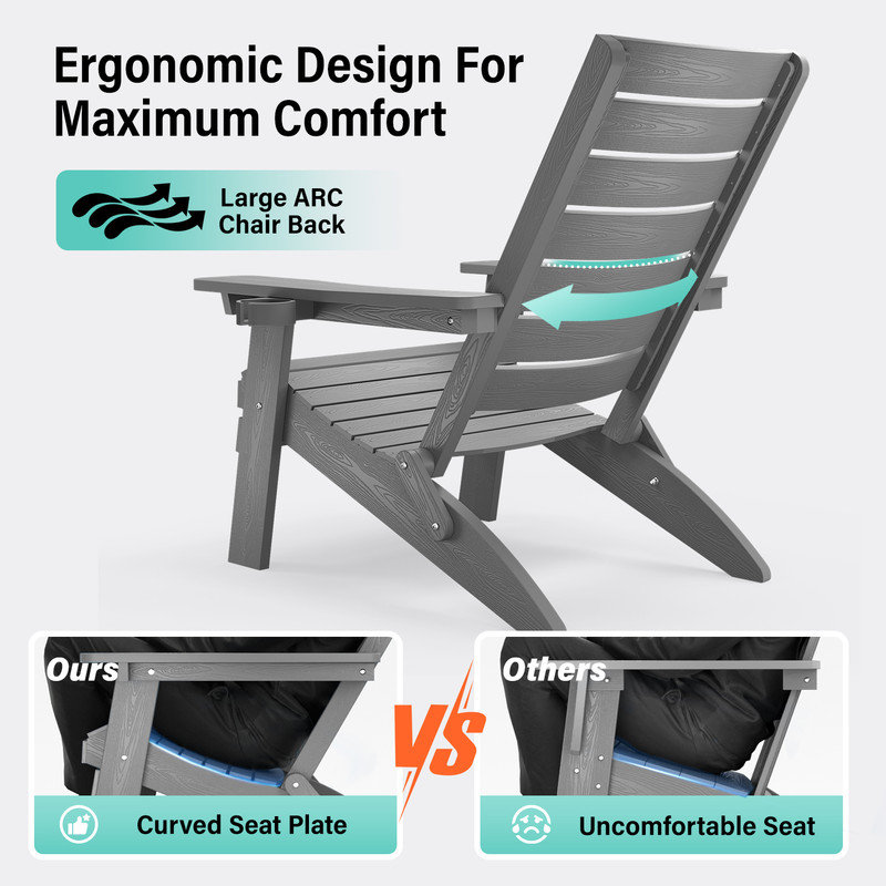 Chaise Adirondack pliante d'extérieur surdimensionnée pour tout terrain avec support pour gobelets Chaise Adirondack en plastique pour patio, jardin, pelouse, piscine, gris