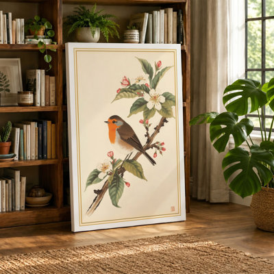 Robin on Blossom Botanical - Wrapped Canvas