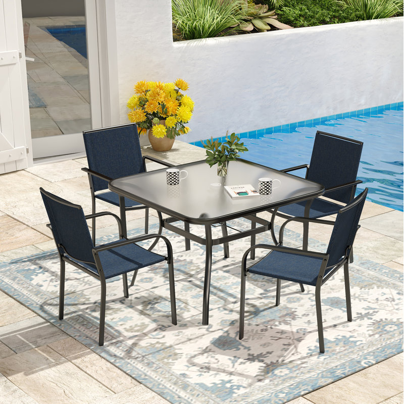 Ensemble repas pour 4 personnes avec table en verre trempé, Bleu