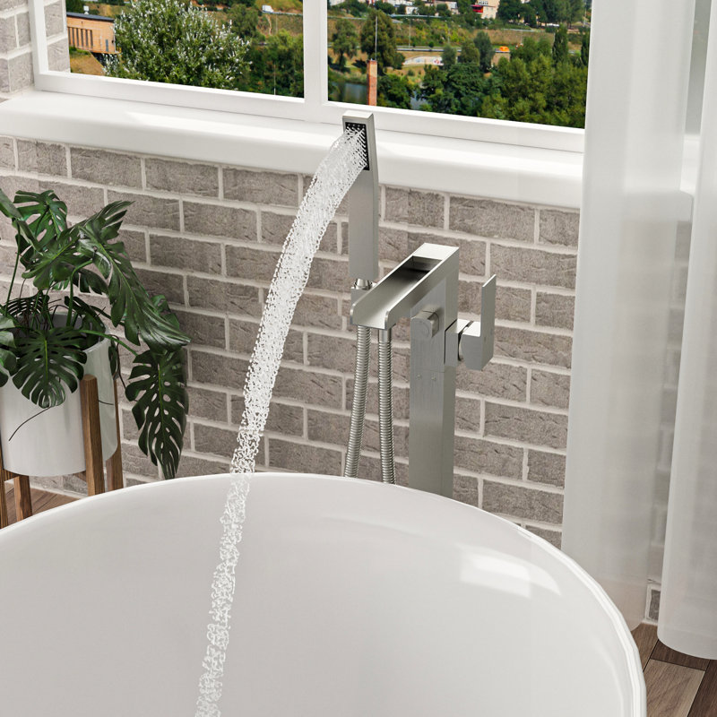 Freestanding Bathroom Faucet With Waterfall Tub Filler And Detachable Handheld Shower, 360° Rotatable, Dual Temperature, Brushed Nickel Brass Faucet, Swivel Spout Hand