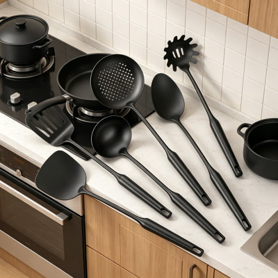 Ensemble d'ustensiles de cuisine en acier inoxydable de 6 avec spatule fendue, cuillère solide, louche, écumoire, cuillère à spaghetti, va au lave-vaisselle, noir