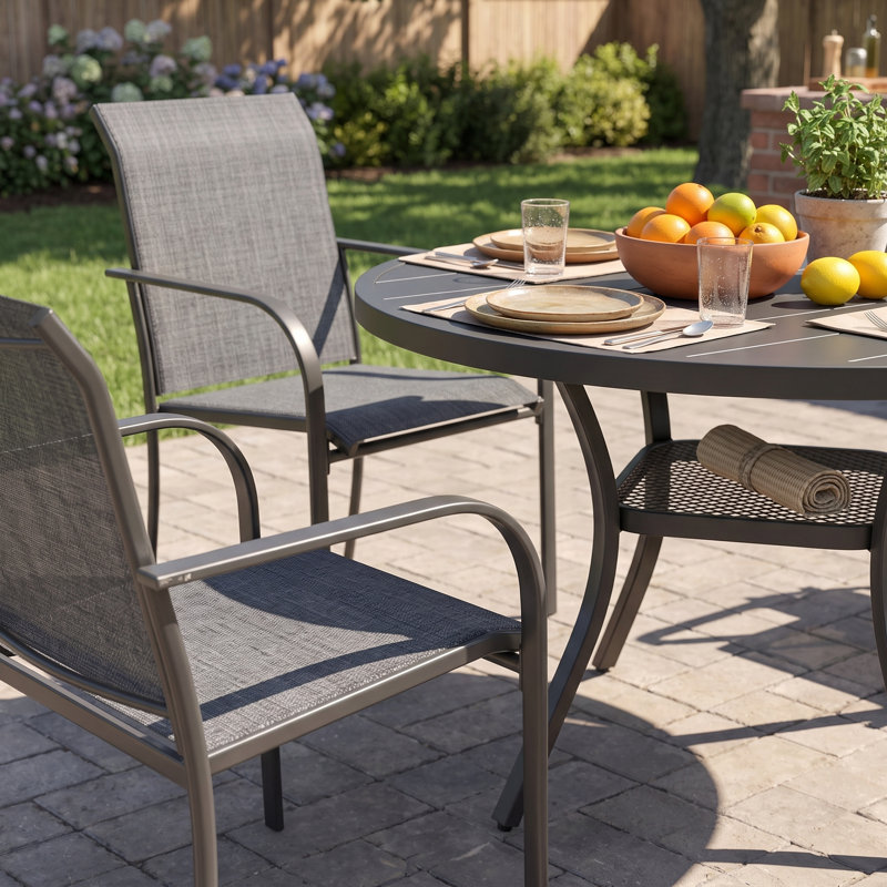  4-Person Patio Dining Set with Round Patio Dining Table and Stackable Armrest Dining Chairs, Gray/Black