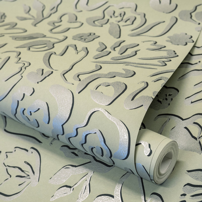 Salt Metallic Fiore Flower Design Wallpaper Roll, Green