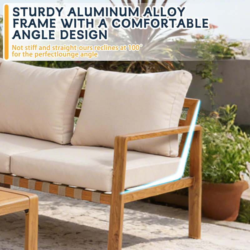 Ensemble de mobilier d'extérieur en forme de L 4 pièces, canapé modulaire en aluminium avec finition grain de bois, sièges rembourrés et table basse en bois plastique, ensemble de conversation moderne