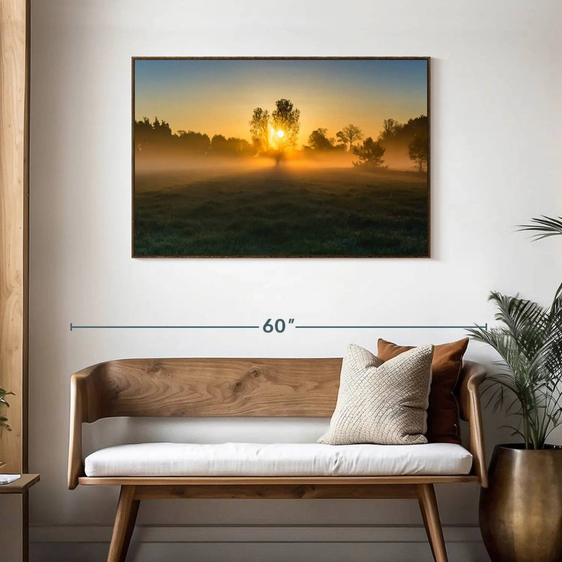 Misty Meadow au lever du soleil, Cadre flottant noyer, 43 po x 29 po