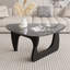 Table basse moderne triangulaire, plateau en verre trempé et base en bois courbé pour le salon-416388529-416388531-416388532