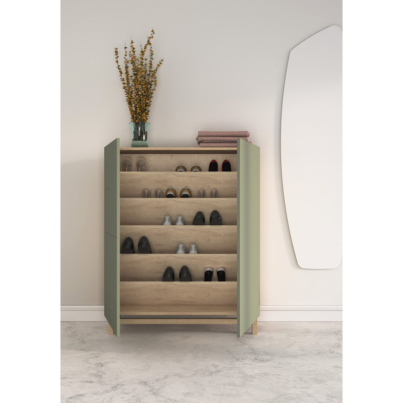 18 Pair Shoe Storage Cabinet, Green/Light Oak
