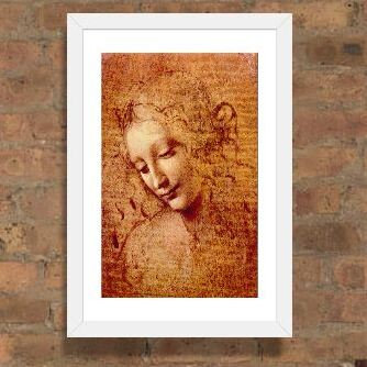 Tête de femme par Leonardo da Vinci - reproduction, H 24 po x l 16 po x P 1 po, Papier encadré blanc