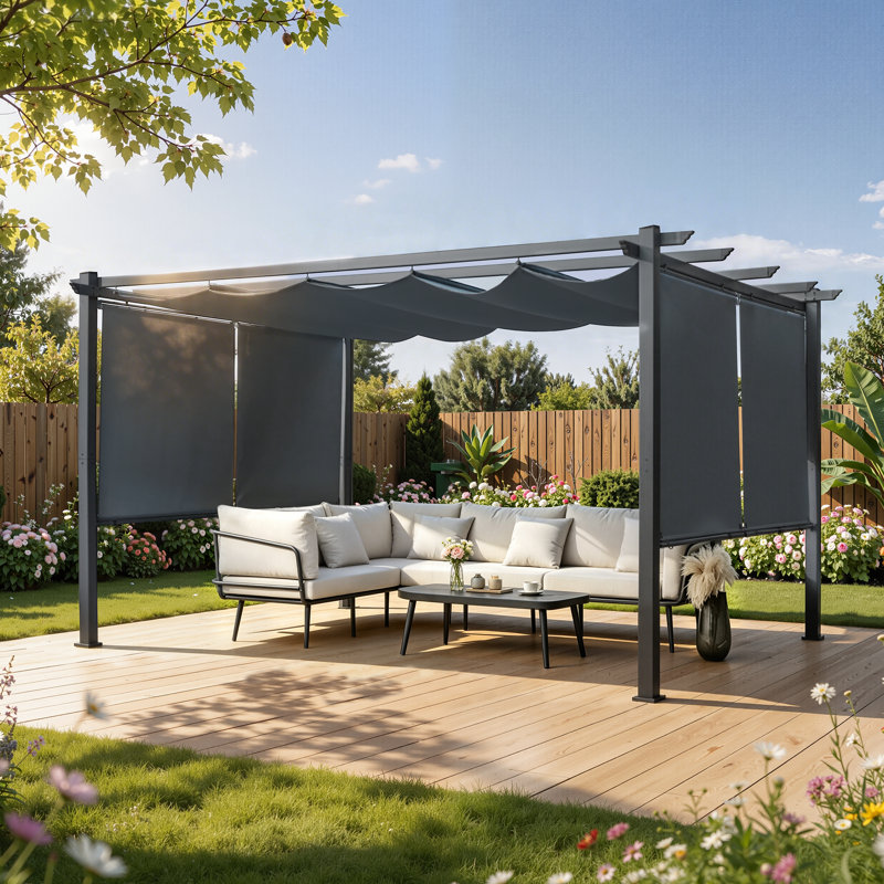 EROMMY 10x13 Ft Aluminum Pergola with Retractable Canopy, Heavy-Duty Metal Frame and Adjustable Sun Shade Canopy, Gray
