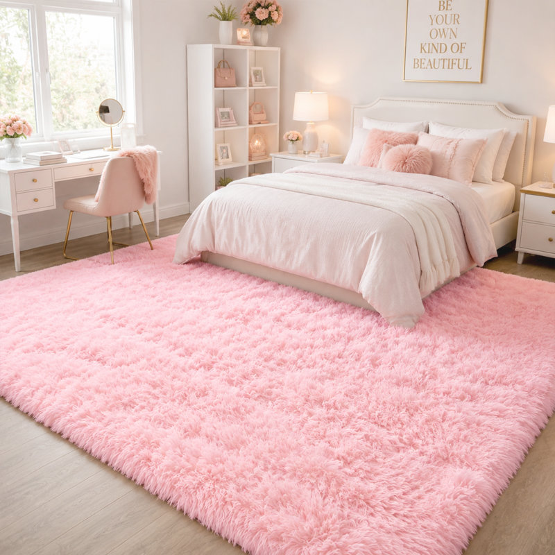 Tapis rose doux à poils longs moelleux, idéal pour les salons, les chambres à coucher et les chambres d'enfants, Soft Pink