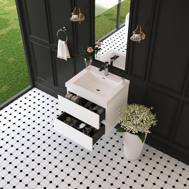 Meuble-lavabo mural blanc brillant de 24 po, lavabo à surface solide, solution peu encombrante, tiroirs à fermeture en douceur, lavabo en résine, méthode d'installation rapide