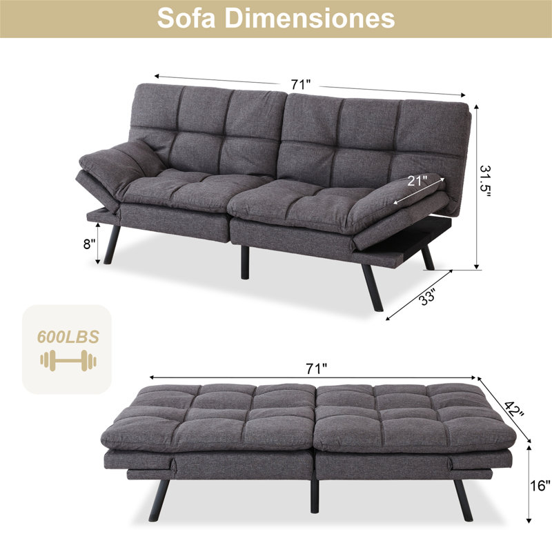 Canapé-lit futon convertible 71 po, Gris