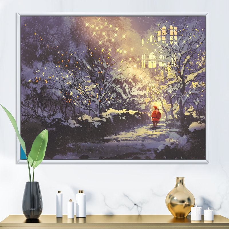 Père Noël en hiver enneigé - œuvre d'art moderne sur toile, H 24 po x l 36 po x P 1 po, Cadre flottant blanc