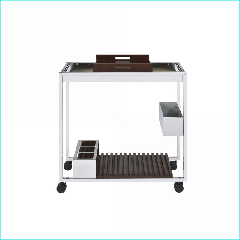 Serving Cart with Wine Rack &amp; Stemware Shelf | Chrome Metal Frame | Walnut Wood Veneer