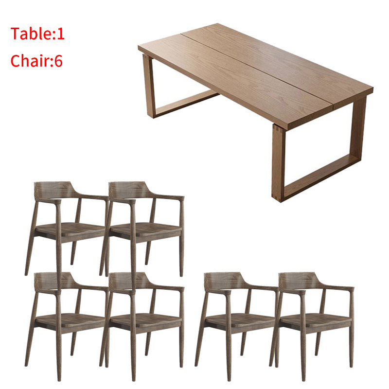 Nordic Rectangular All-solid Wood Dining Table Set 6 - Person Solid Wood Top Double Pedestal Dining Set