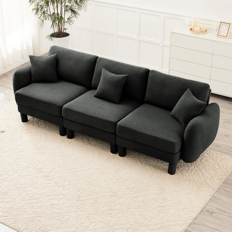 3 tissu bouclé gris foncé avec des pieds cylindriques en forme de coquillage et auto-enveloppés, un style moderne pour la décoration intérieure, une structure en bois solide, un tissu d'ameublement doux et relaxant