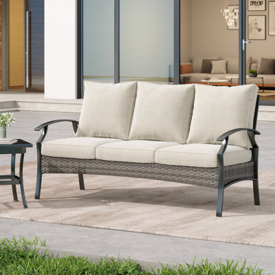 Charron Metal 3-person Patio Outdoor Sofa with Cushions and Wicker Decor