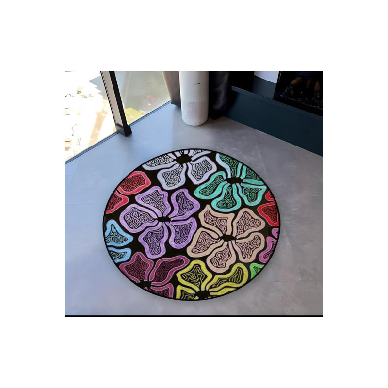 Woven Base Modern Decorative Carpet With Multicolored Flower Details, Round 5'