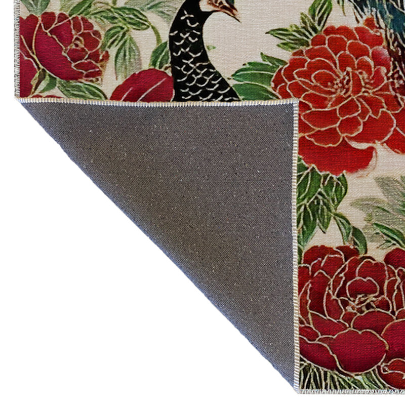 Tapis décoratif moderne à motif de paon surréel à motif de roses rouges, Tapis de couloir 3 pi 3,37 po x 6 pi 6,74 po
