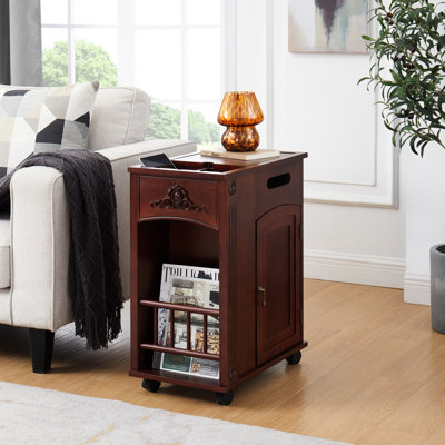 Powered Traditional End Table With Charging Station, Narrow Side Table With USB Ports And Outlets, Nightstand With Storage, Bedside Tables With Wheels For Living Room, Bedroom,Red Walnut