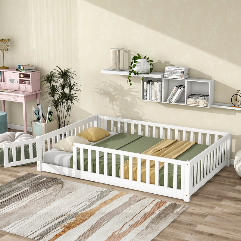 Twinkle Modern Floor Bed Set With Door, Rubber Wood And Safety Guardrails, Full, White
