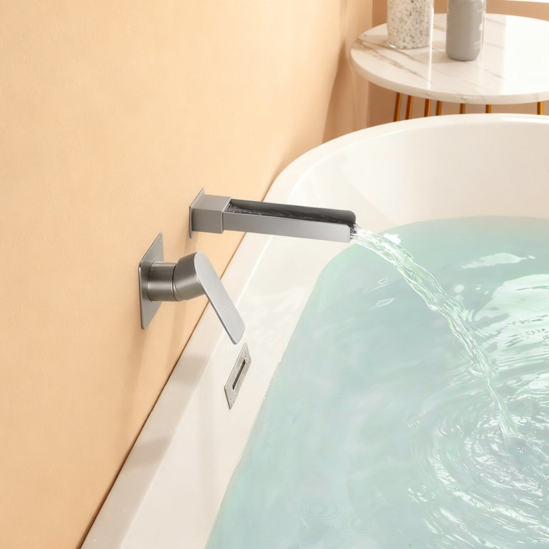 Wall Mounted Tub Faucet with Single Handle, Bathroom Waterfall Tub Filler, Brushed Nickel