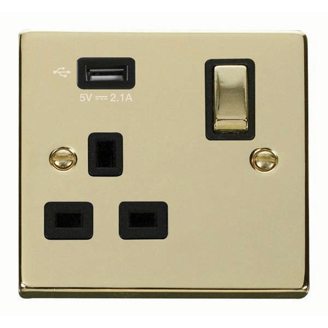 Polished Brass 1 Gang 13A DP Ingot 1 USB Switched Plug Socket