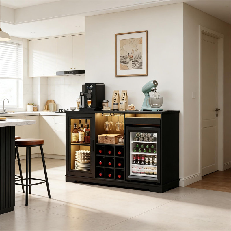BROTTAR Large Coffee Bar Cabinet with Fridge (Fridge Included) Liquor Wine Bar Cabinet with LED Lights, Glass Holder, Wine Rack, Human Body Sensor, Buffet Sideboard for Home, Black