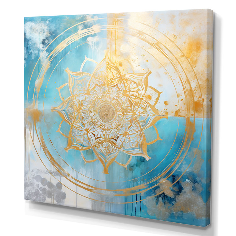 Divine mandala délicat or délicat turquoise - Boho Mandala, art mural sur toile, Toile tendue, H 16 po x l 16 po