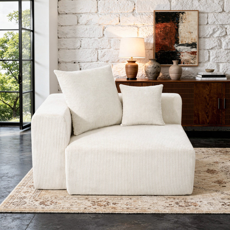 Méridienne rembourrée en velours côtelé avec coussin - entièrement compressée, aucun assemblage requis, Beige