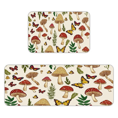 Set of 2 Mushroom Butterfly Beige Kitchen Mats Kitchen Dining