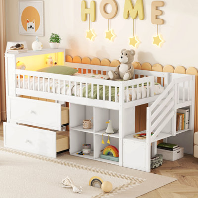 Lit mezzanine simple avec DEL et bibliothèque, lit mezzanine bas en bois avec escalier, lit mezzanine simple pour enfants avec tiroirs et tablettes de rangement